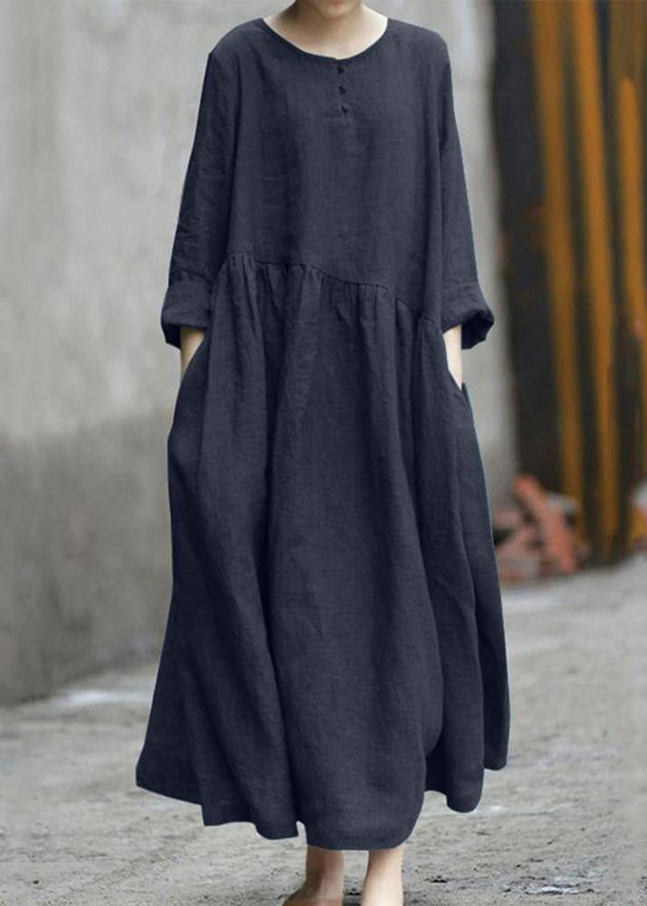 Color Black Cotton Linen Long Sleeve Swing Long Dress