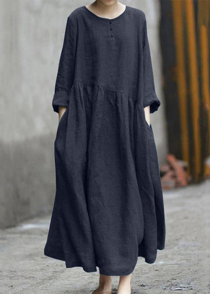 Color Black Cotton Linen Long Sleeve Swing Long Dress
