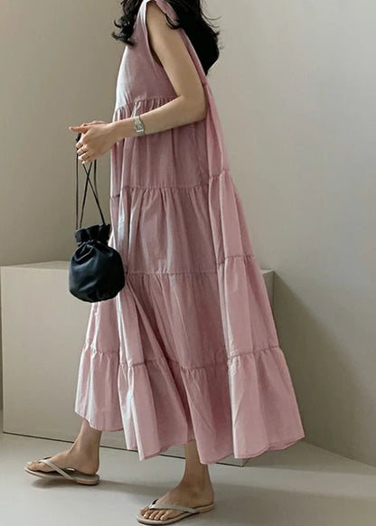 Color Sleeveless V-neck Pleated Layered Lace Up Daily Maxi Dress Apricot