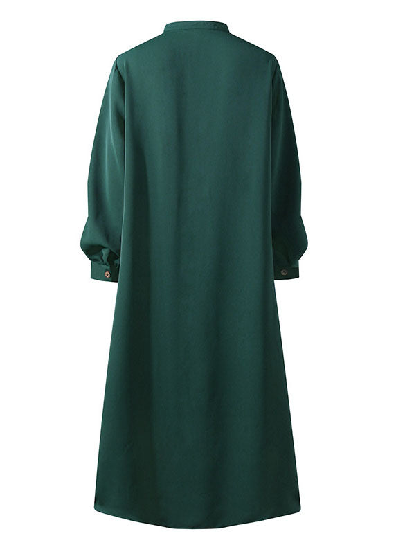 Color Stand Collar Button Down Front Leisure Loose Maxi Dress With Side Pockets