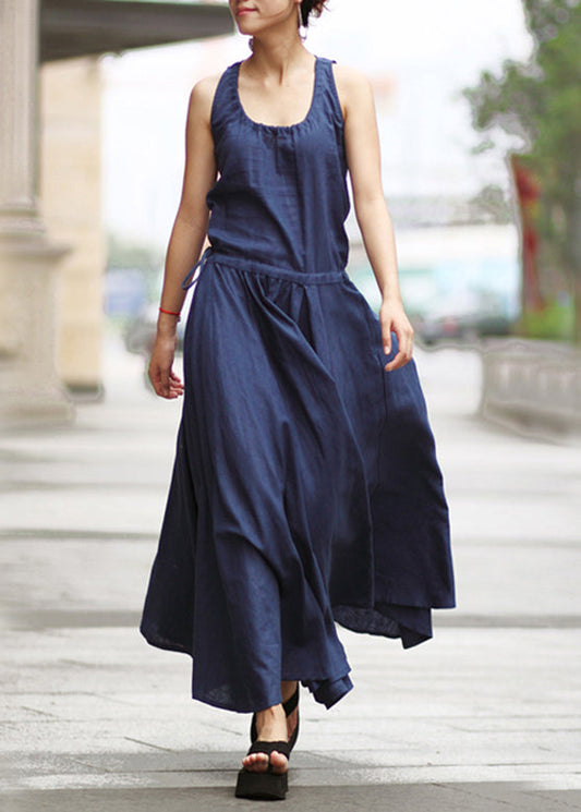 Drawstring Ruched Sleeveless Maxi Dress Navy