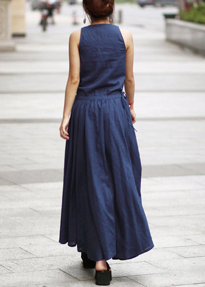 Drawstring Ruched Sleeveless Maxi Dress Navy