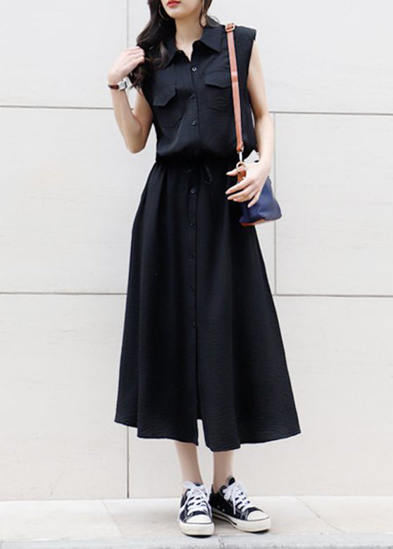 Drawstring Waist Pocket Button Front Maxi Cargo Dress Black