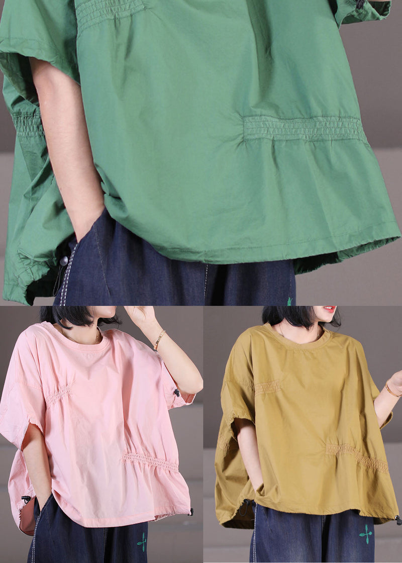Green Cotton Loose Sweatshirt Top Asymmetrical Design Elastic Wrinkled Short Sleeve
