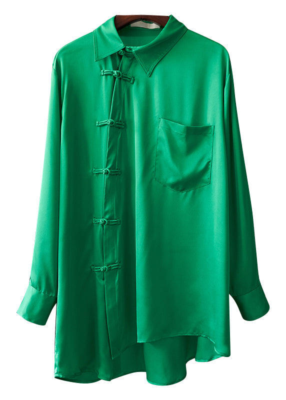 Green Peter Pan Collar Pockets Button Silk Shirt Long Sleeve
