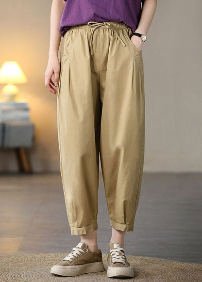 Khaki Pockets Cotton Crop Pants High Waist Spring