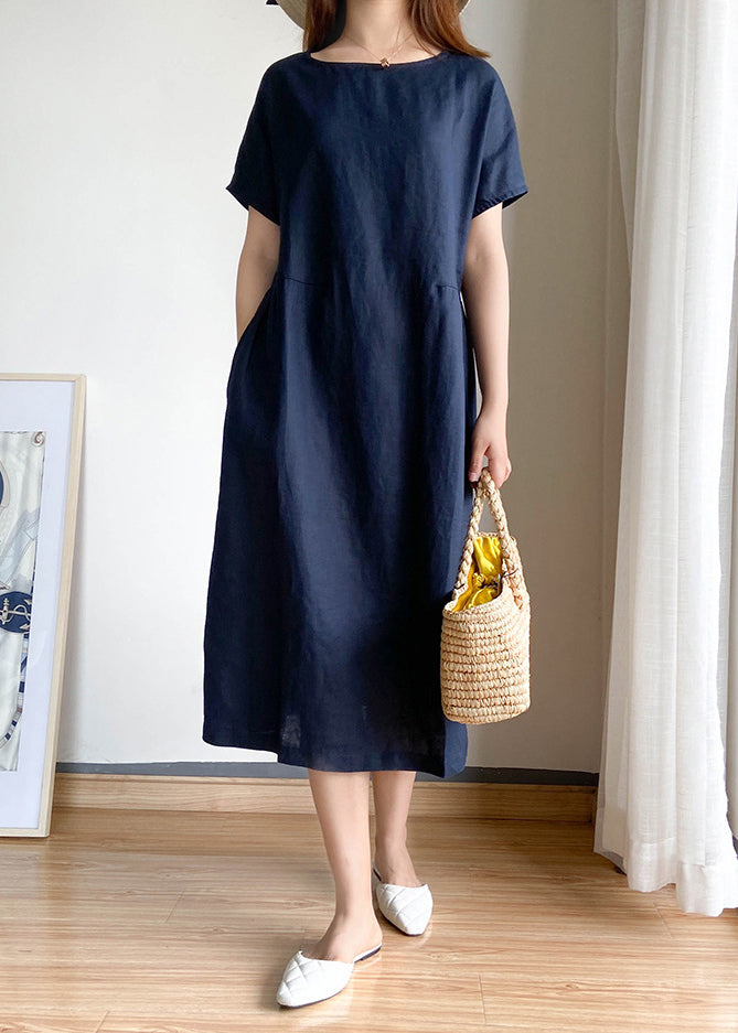 Navy O-neck Cinched Linen Shirt Top Short Sleeve