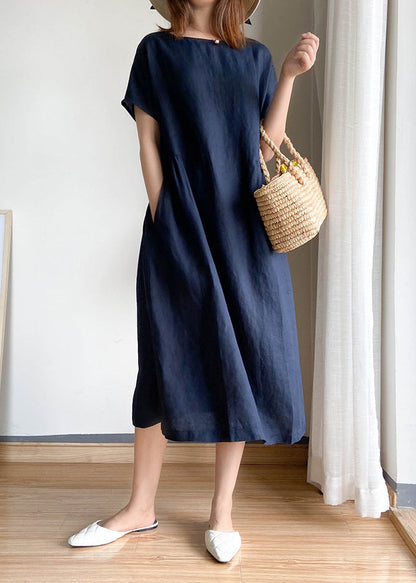 Navy O-neck Cinched Linen Shirt Top Short Sleeve