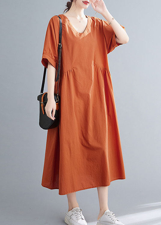 Orange Patchwork Cotton Holiday Dress Wrinkled Short Sleeve