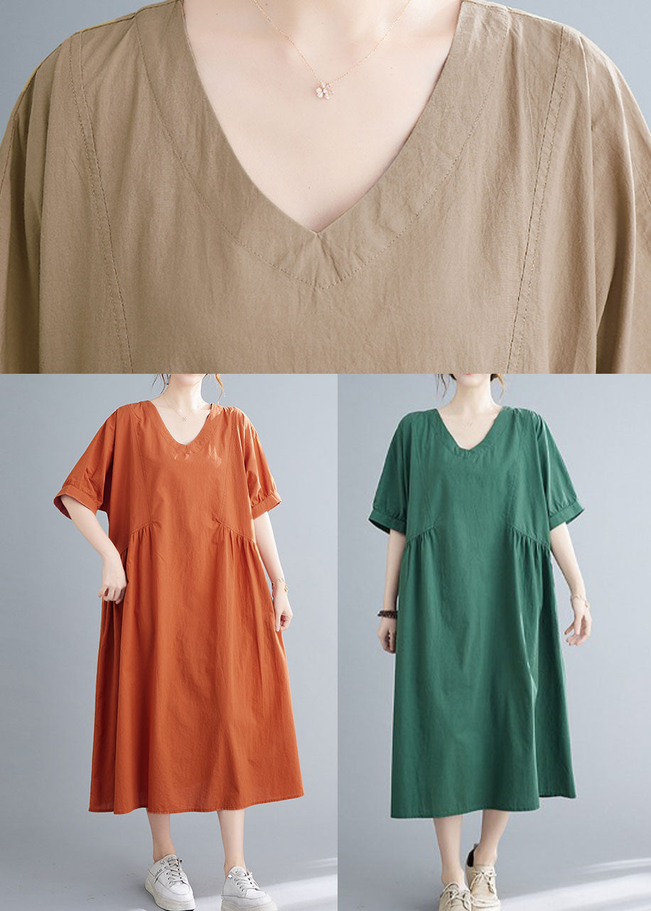Orange Patchwork Cotton Holiday Dress Wrinkled Short Sleeve