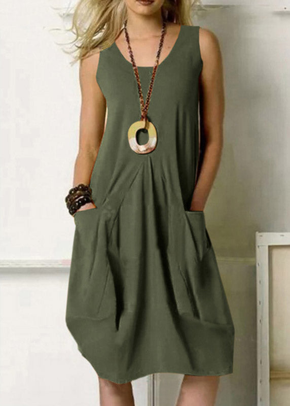 Pocket Army Green Crew Neck Tank Top Dress