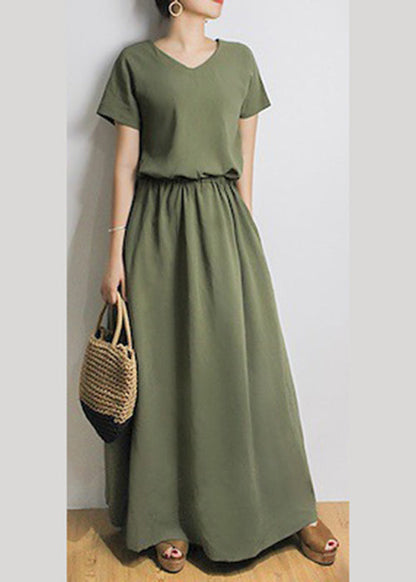 Sash Elastic Waist Short Sleeve Maxi Dress Green