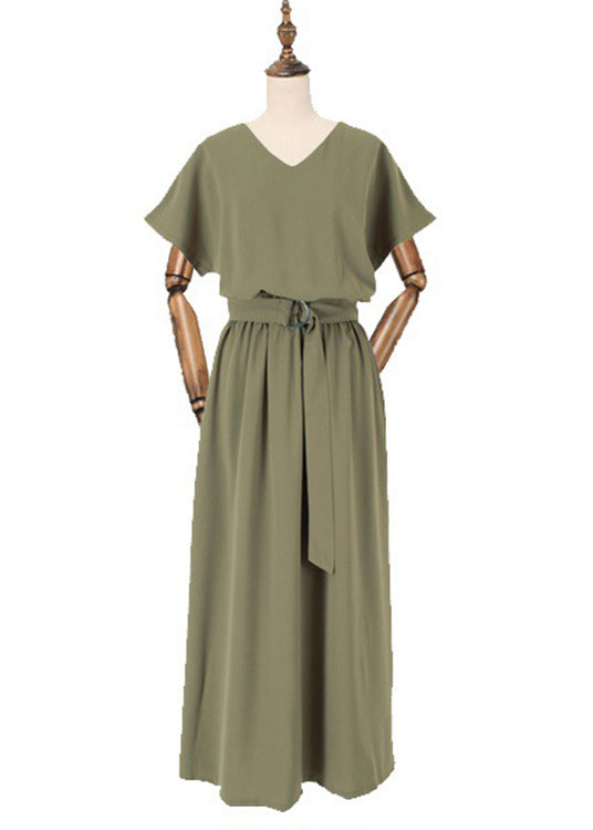 Sash Elastic Waist Short Sleeve Maxi Dress Green