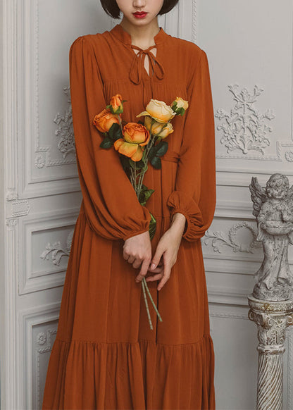 Slit Tie Front Long Sleeve V Neck Dress Caramel