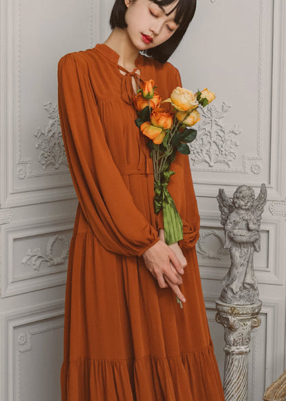 Slit Tie Front Long Sleeve V Neck Dress Caramel
