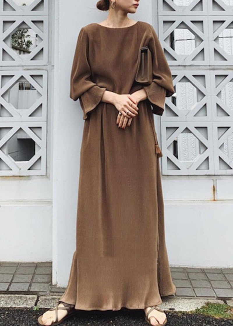 Split Long Sleeve Round Neck Maxi Dress Chocolate
