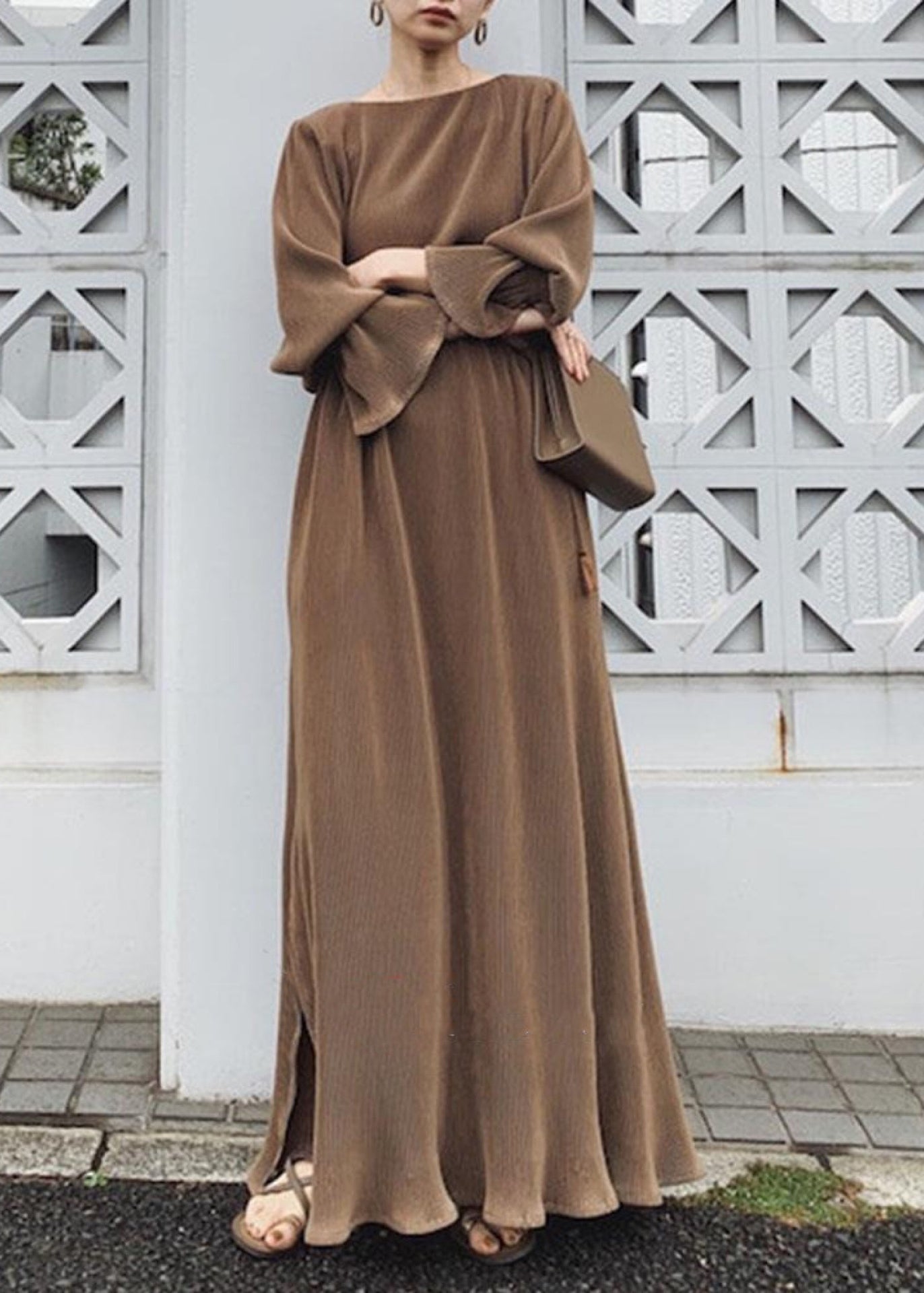 Split Long Sleeve Round Neck Maxi Dress Chocolate