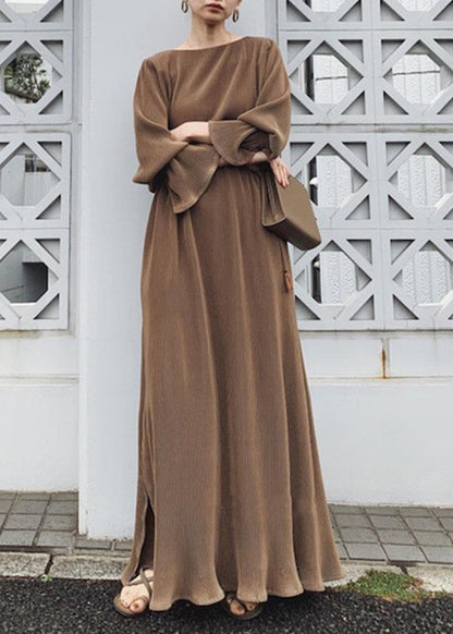 Split Long Sleeve Round Neck Maxi Dress Chocolate