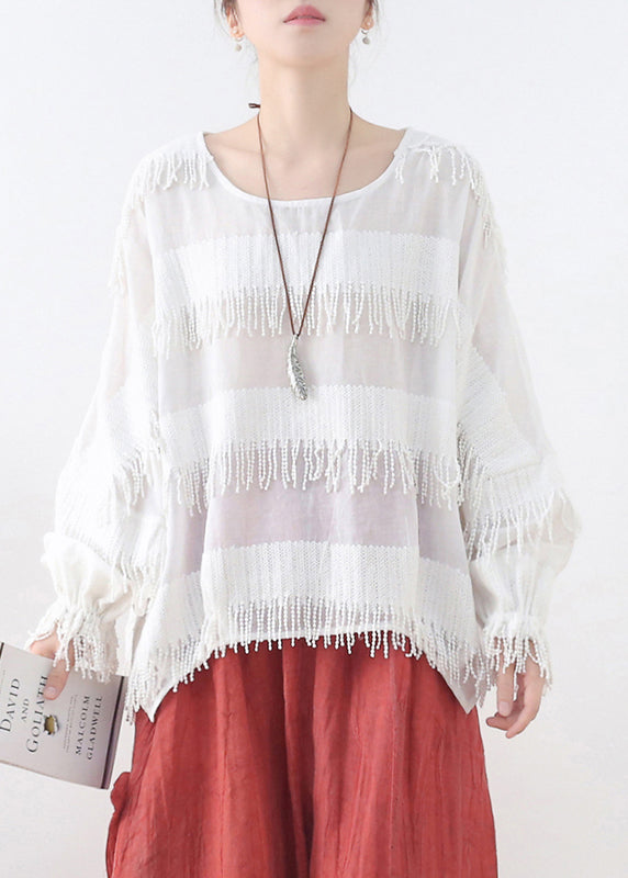 White Cotton Pullover Tops Tassel Side Open Lantern Sleeve