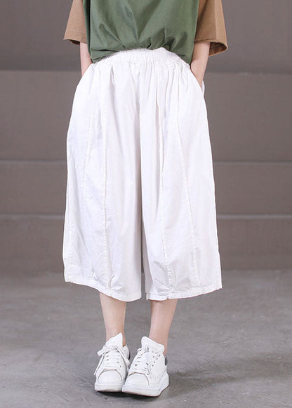 White Cotton Wide Leg Pants Elastic Waist Wrinkled Summer