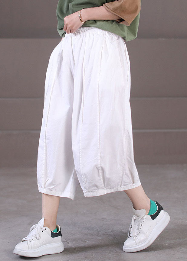White Cotton Wide Leg Pants Elastic Waist Wrinkled Summer