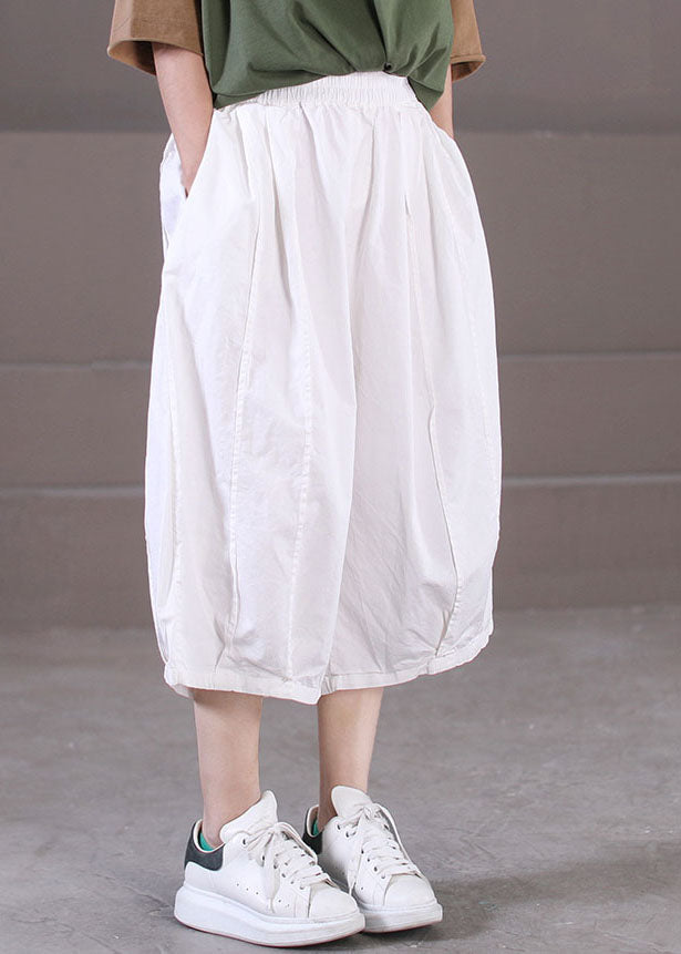 White Cotton Wide Leg Pants Elastic Waist Wrinkled Summer
