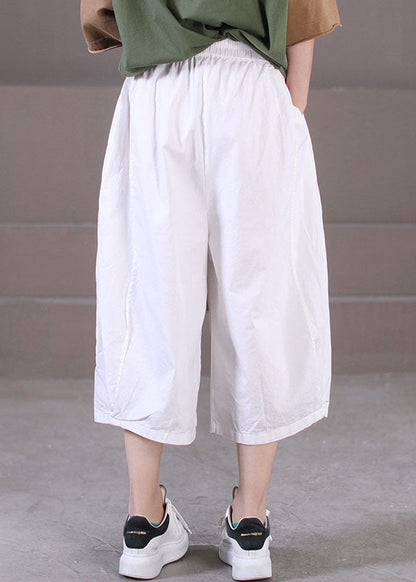 White Cotton Wide Leg Pants Elastic Waist Wrinkled Summer