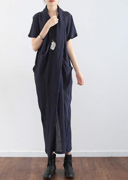 Spring and Summer New Black Linen V-neck Robe