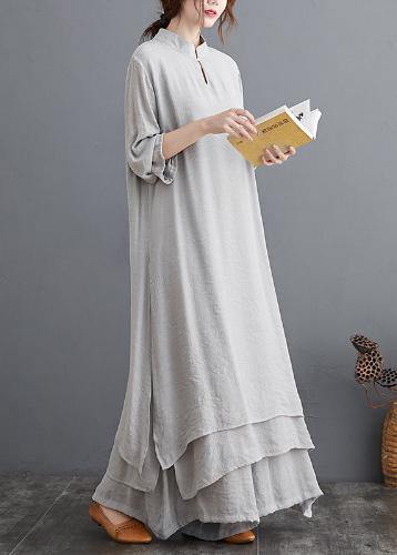 Spring Gray Medium Length Dress Wide Leg Pants Two Piece Set