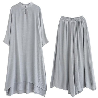 Spring Gray Medium Length Dress Wide Leg Pants Two Piece Set