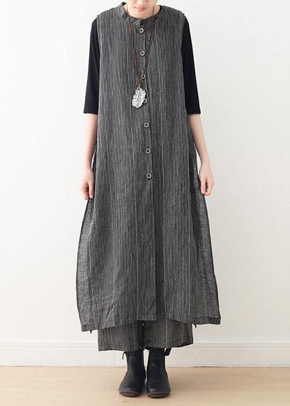 Spring Cotton and Linen Art Fresh Gray Striped Two-piece Suit Cardigan Wide Leg Pants