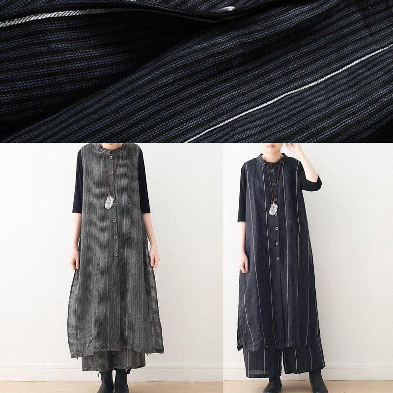 Spring Cotton and Linen Art Fresh Gray Striped Two-piece Suit Cardigan Wide Leg Pants