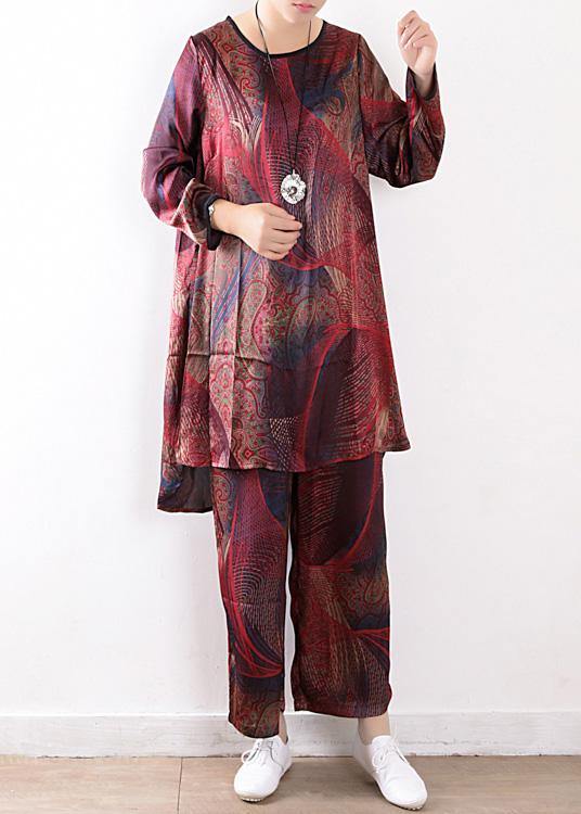 Spring Loose Silk Chiffon Wide-leg Pants Red Print Two-piece Suit