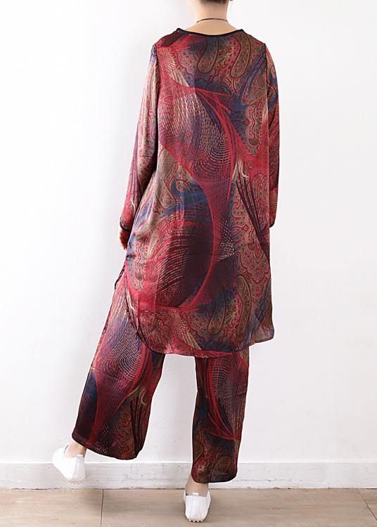 Spring Loose Silk Chiffon Wide-leg Pants Red Print Two-piece Suit