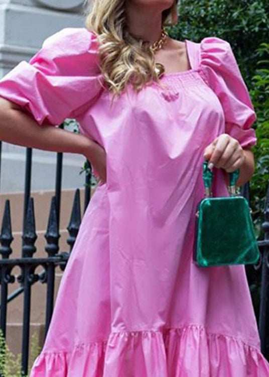 Square Neck Color Puff Sleeve Ruffles Hem Maxi Dress for Rose