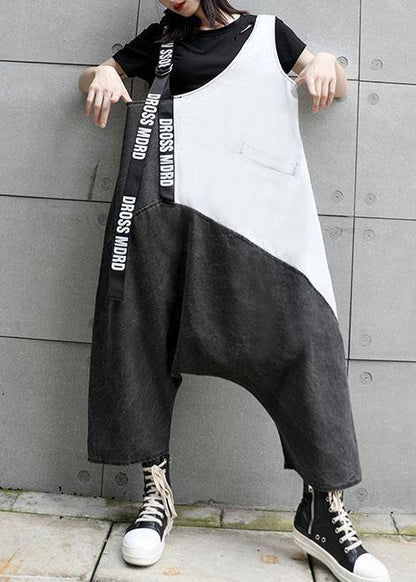 Strap Retro Black Gray Patchwork Overalls Pants Jeans