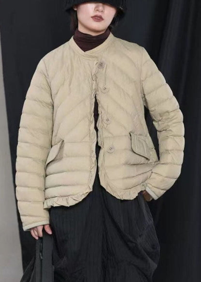 Street Khaki Button Ruffled Winter Down Jacket
