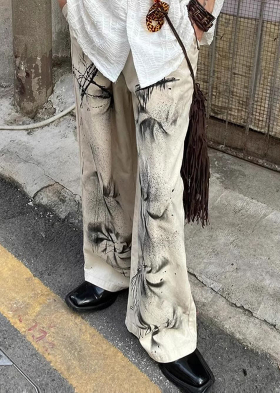 Beige Pockets Tie Dye Denim Pants Fall