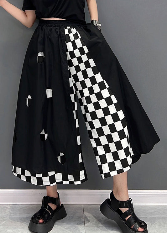 Black Asymmetrical Pockets Patchwork Plaid Straight Pants Summer