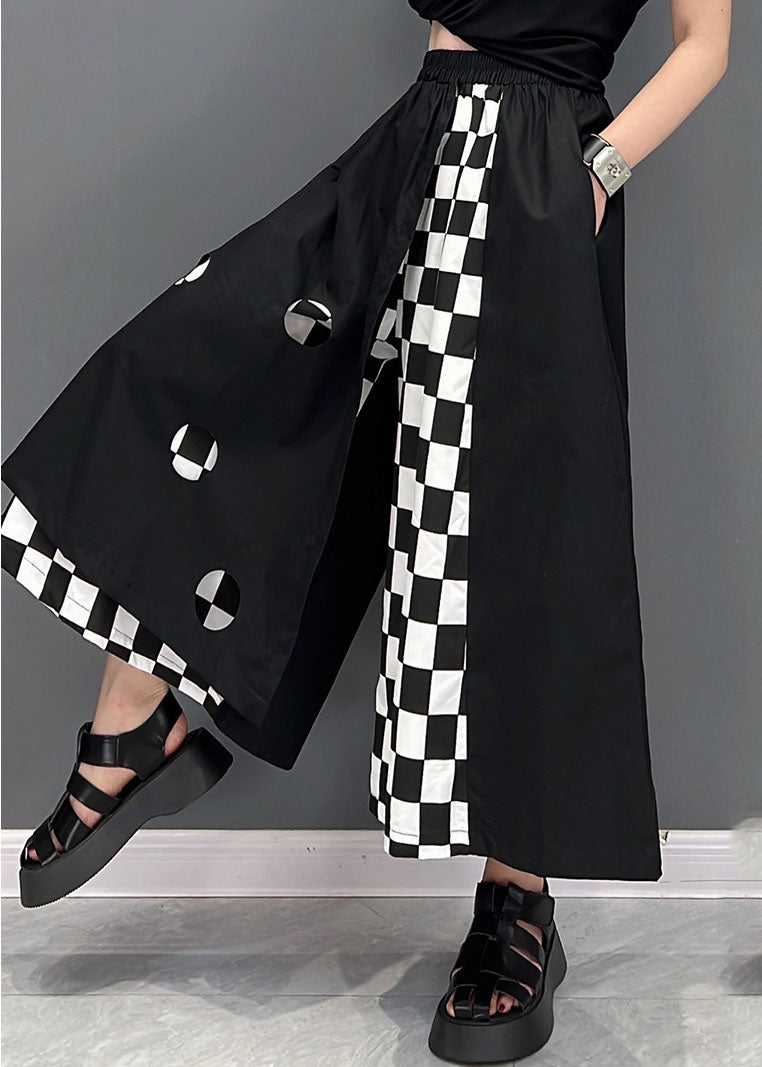 Black Asymmetrical Pockets Patchwork Plaid Straight Pants Summer