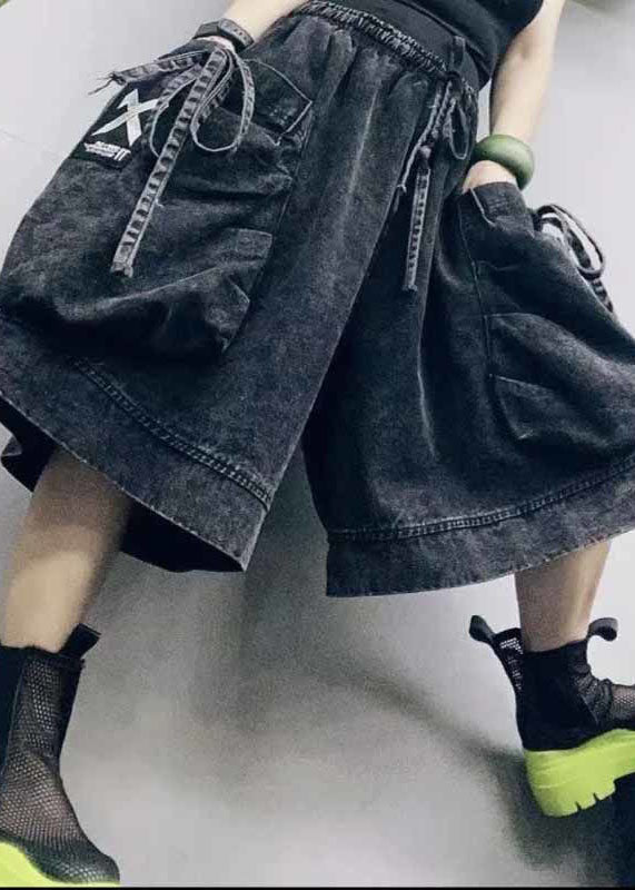 Black Elastic Waist Big Pockets Cotton Wide Led Shorts Summer