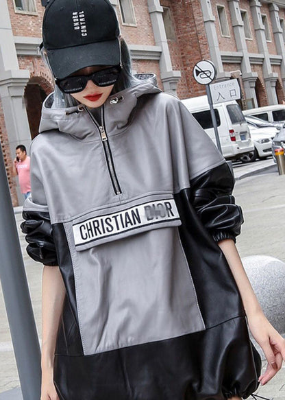 Black Grey Hooded Patchwork Drawstring Leather Pullover Coats Long Sleeve