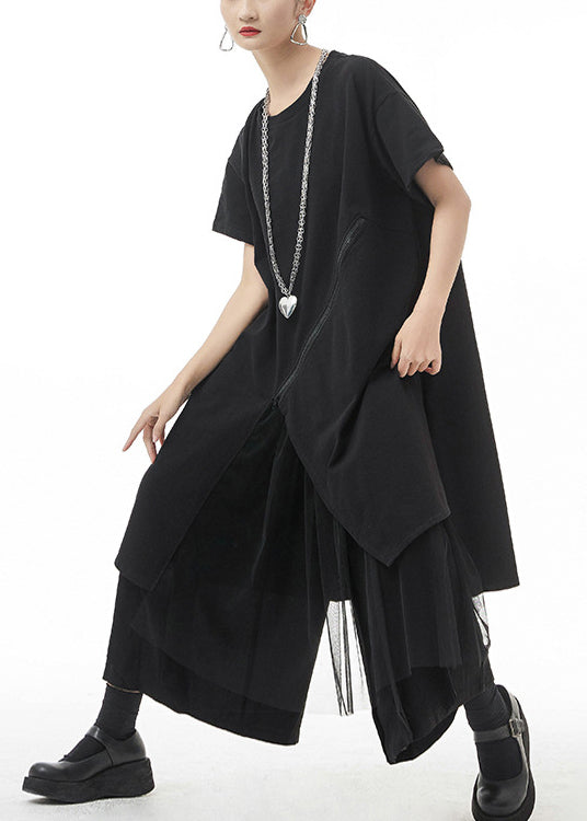 Black O-neck Asymmetrical Maxi Dress Short Sleeve