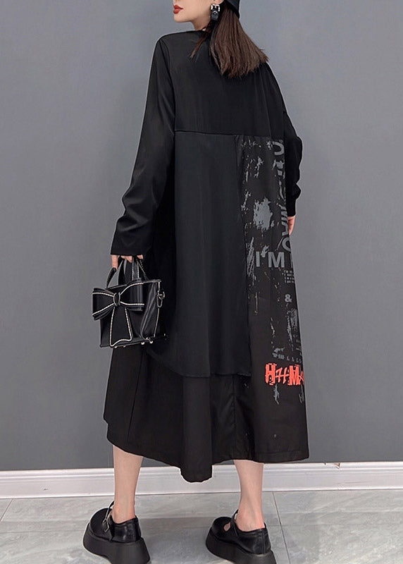 Black O-neck Asymmetrical Patchwork Pockets Dress Long Sleeve