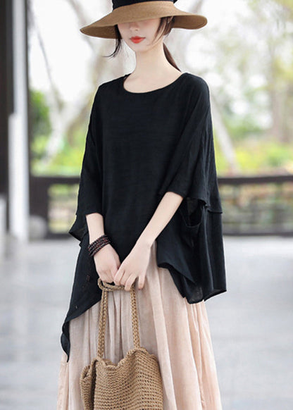 Black O-neck Patchwork Cotton Tops Batwing Sleeve