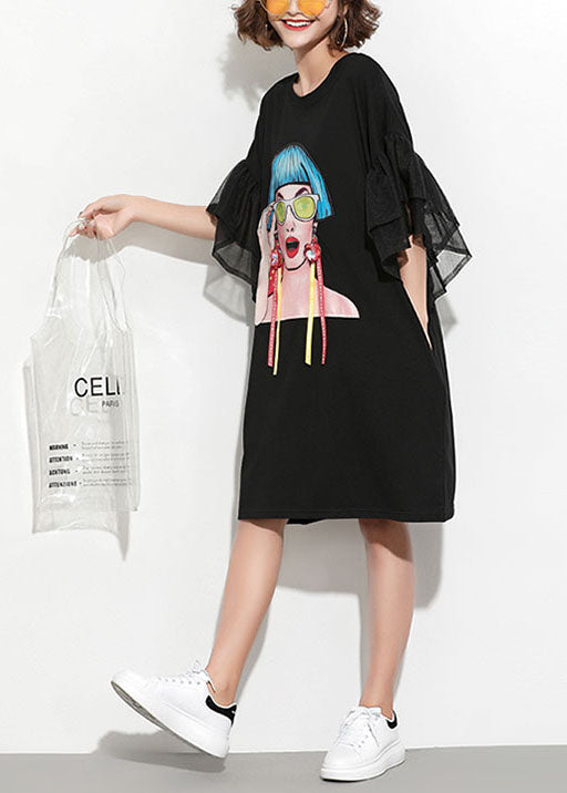 Black O-neck Tulle Patchwork Print Tassel Cotton Maxi Dresses Petal Sleeve