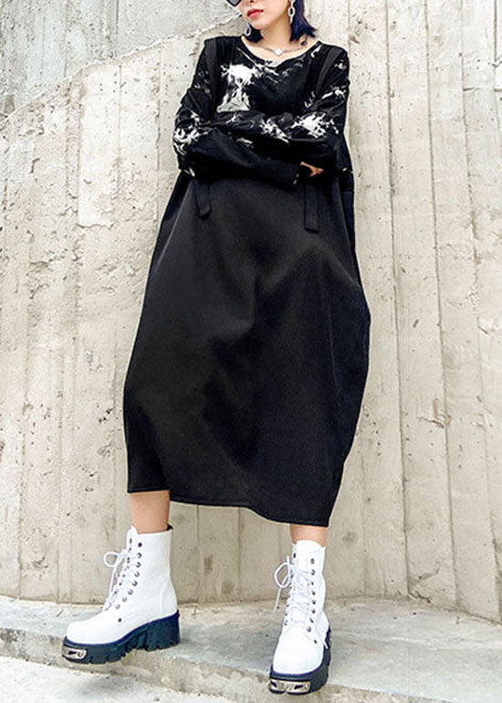 Black O-neck Print Patchwork Sweatshirt Dresses Spring