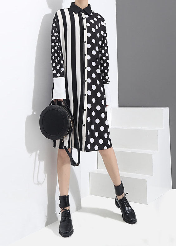 Black Button Peter Pan Collar Striped Dot Patchwork Shirt Dresses Spring