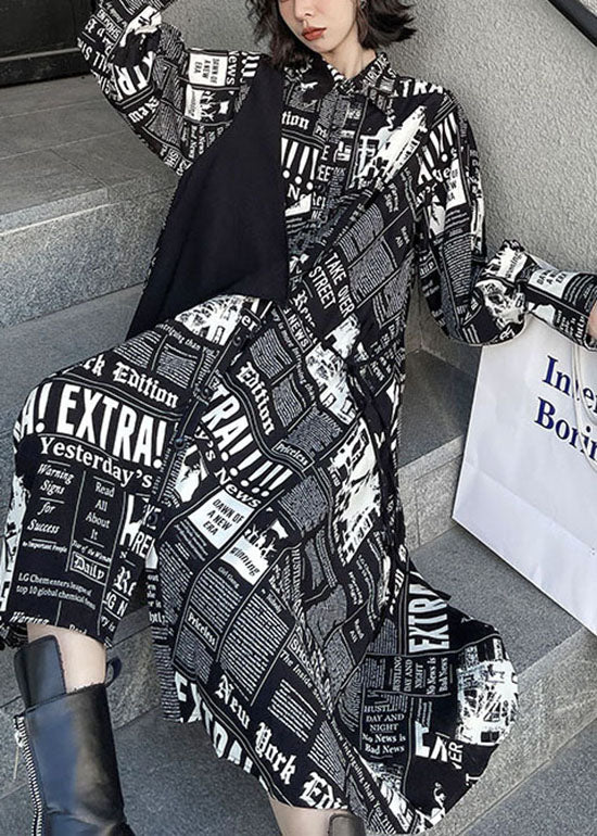 Black Low High Design Print Patchwork Satin Shirt Dress Spring