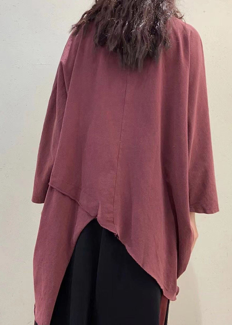 Red O-neck Asymmetrical Design Cotton Top Long Sleeve